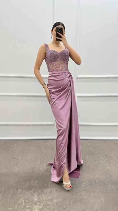 Pudra Göğsü Boncuk İşlemeli Transparan Abiye Elbise