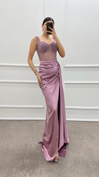 Pudra Göğsü Boncuk İşlemeli Transparan Abiye Elbise