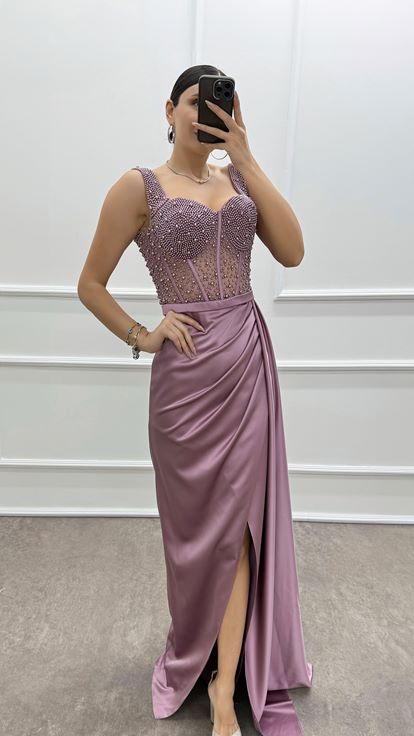 Pudra Göğsü Boncuk İşlemeli Transparan Abiye Elbise