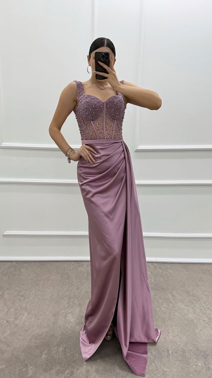 Pudra Göğsü Boncuk İşlemeli Transparan Abiye Elbise