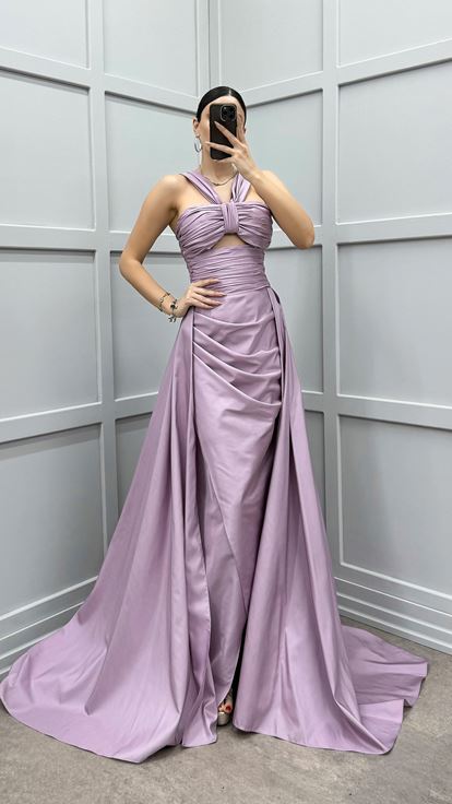 Lilac Shoulder Detail Transparent Draped Evening Dress