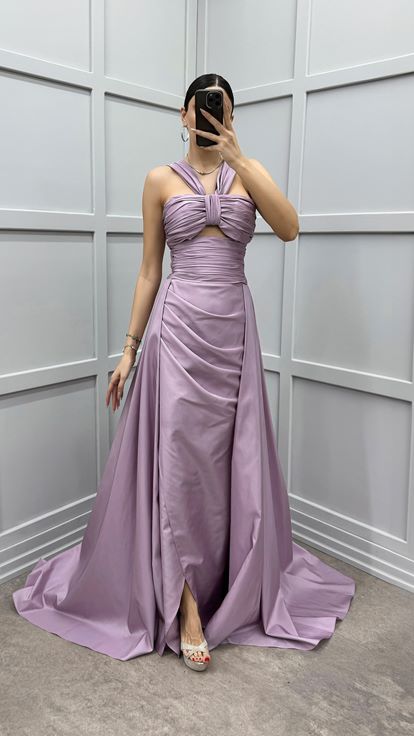 Lilac Shoulder Detail Transparent Draped Evening Dress