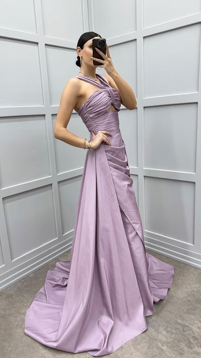 Lilac Shoulder Detail Transparent Draped Evening Dress