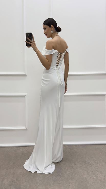 White Boat Neck Satin Evening Dress