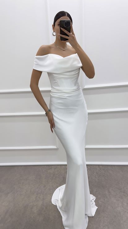 White Boat Neck Satin Evening Dress