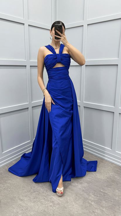 Saks Shoulder Detail Transparent Draped Evening Dress