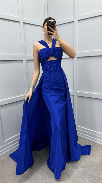 Saks Shoulder Detail Transparent Draped Evening Dress