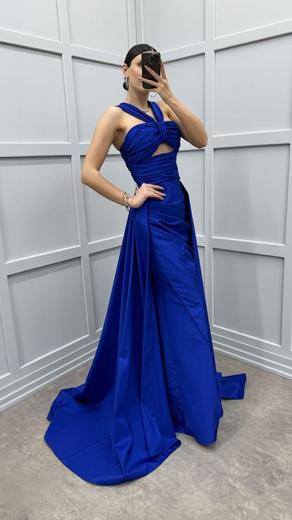 Saks Shoulder Detail Transparent Draped Evening Dress
