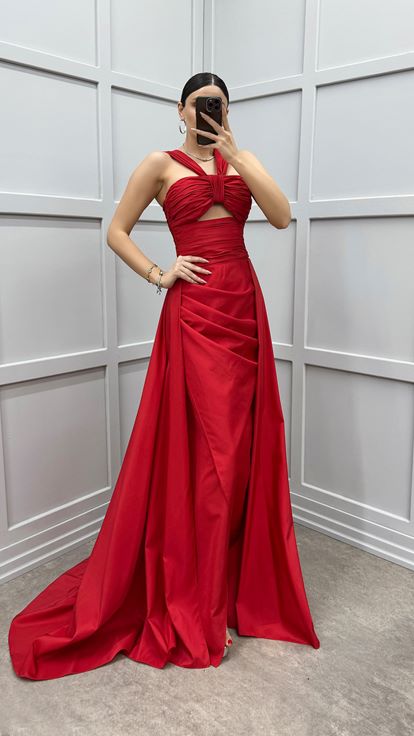 Red Shoulder Detail Transparent Draped Evening Dress