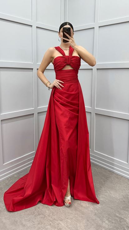 Red Shoulder Detail Transparent Draped Evening Dress