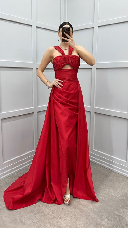 Red Shoulder Detail Transparent Draped Evening Dress
