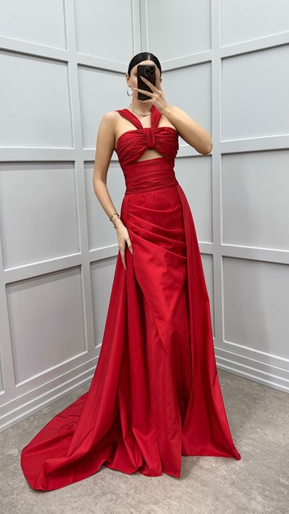 Red Shoulder Detail Transparent Draped Evening Dress