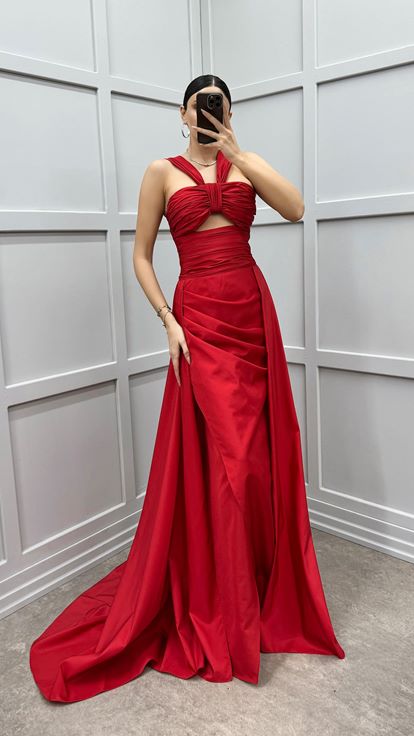 Red Shoulder Detail Transparent Draped Evening Dress