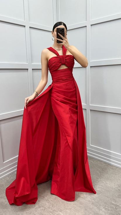Red Shoulder Detail Transparent Draped Evening Dress