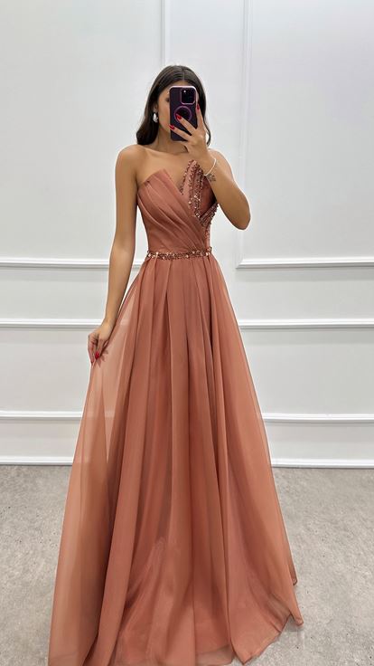 Powder Pink Tulle Evening Dress with Bust Detail