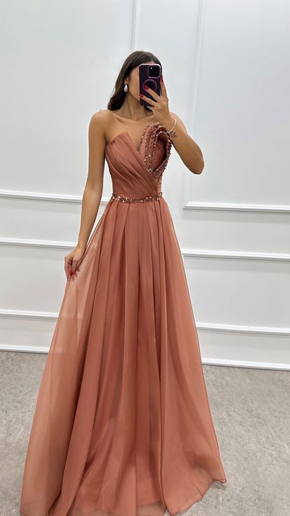 Powder Pink Tulle Evening Dress with Bust Detail