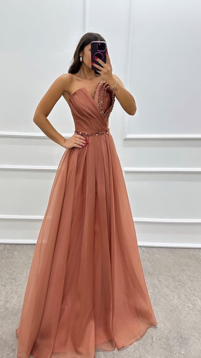 Powder Pink Tulle Evening Dress with Bust Detail