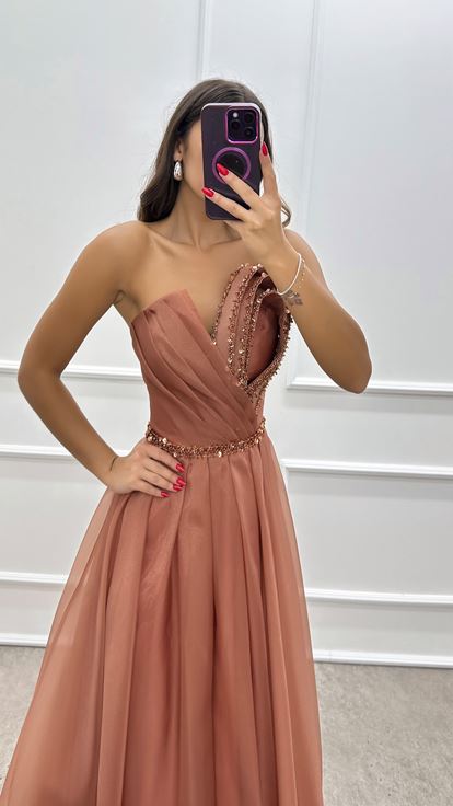 Powder Pink Tulle Evening Dress with Bust Detail