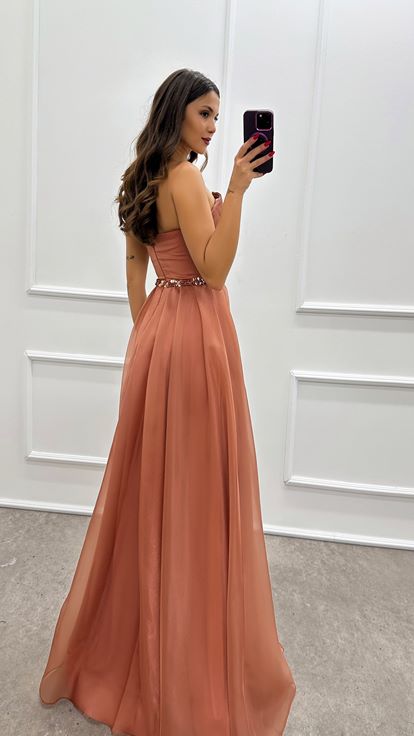 Powder Pink Tulle Evening Dress with Bust Detail