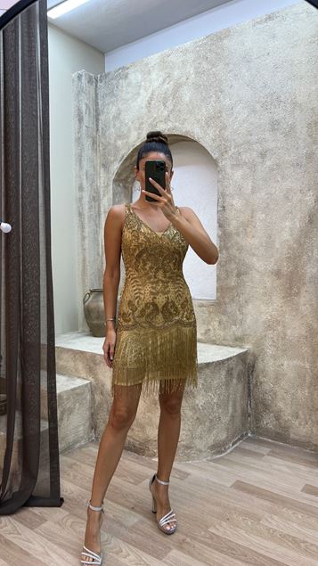 Yellow Yellow V -Neck Chest Detail Equal Special Embroidered Design Dress