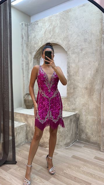 Fusya Fuşya V -yaka Detalle Brave Detalle Detallado Vestido de diseño especial