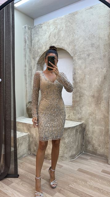 Beige Beige V Neck Special Borded Arm Detalle Diseño Vestido