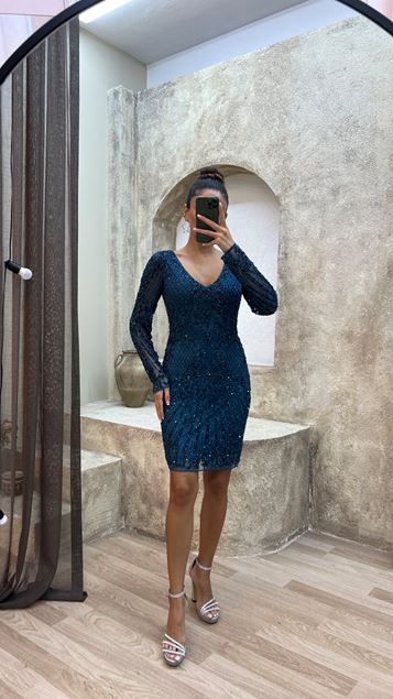 Blue Blue V -Neck Special Embroidered Arm Detail Design Dress