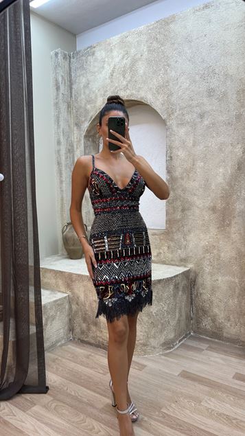 Black black rope strap special embroidered fringed design dress