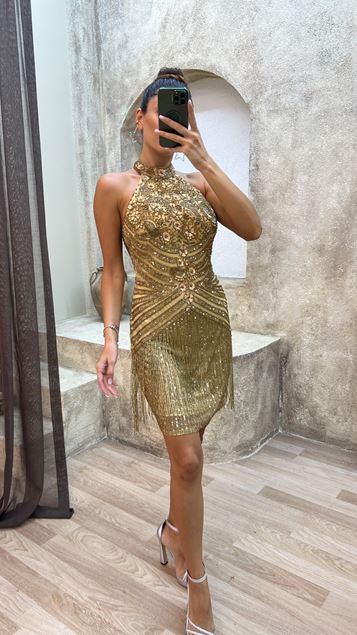 Amarillo amarillo amarillo cuello detalle vestido de diseño bordado especial