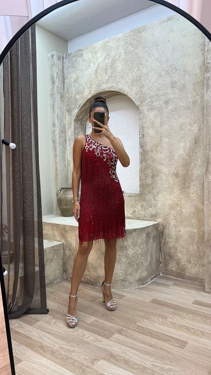 Red One Shoulder Fringed Custom Embroidered Designer Dress
