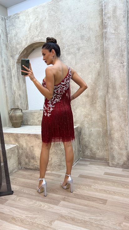 Red One Shoulder Fringed Custom Embroidered Designer Dress