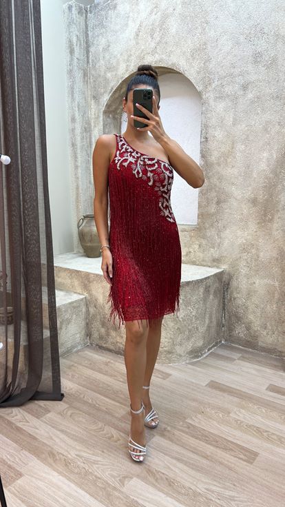Red One Shoulder Fringed Custom Embroidered Designer Dress