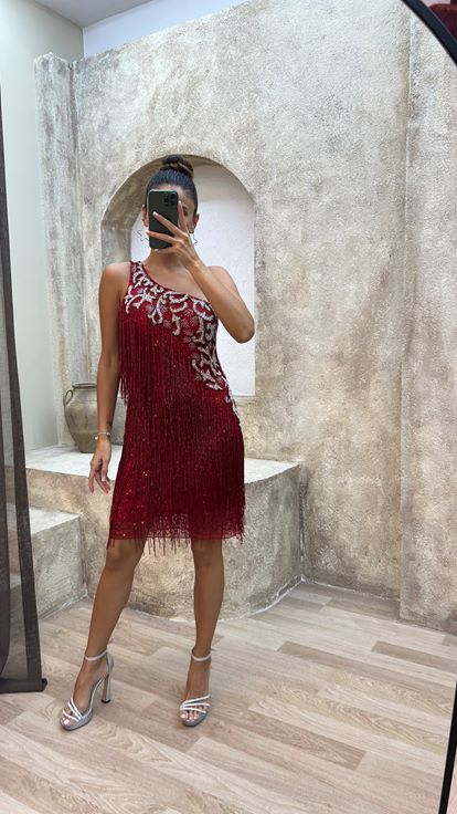 Red One Shoulder Fringed Custom Embroidered Designer Dress