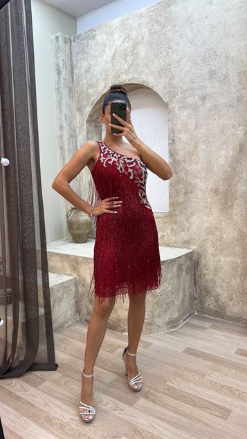 Red Red Single Shoulder Eaves Special Embroidered Design Dress