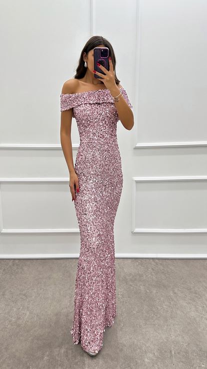 Powder Madonna Collar Sequin Design Dress