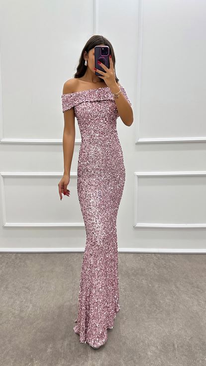Powder Madonna Collar Sequin Design Dress
