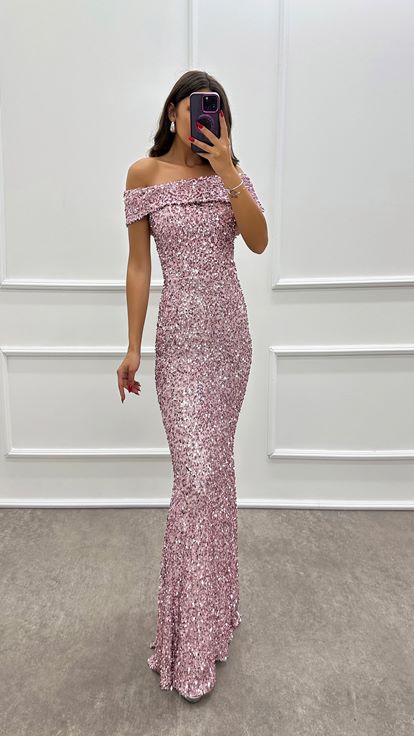 Powder Madonna Collar Sequin Design Dress