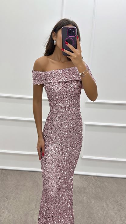 Powder Madonna Collar Sequin Design Dress