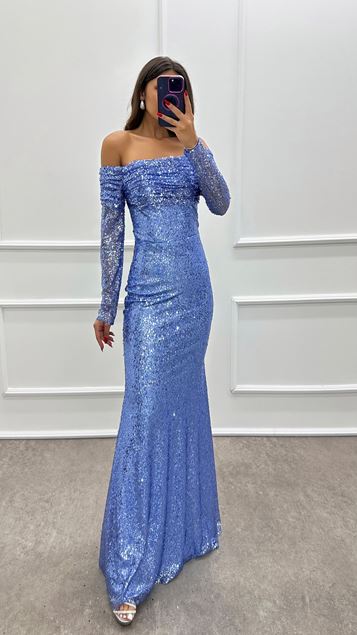 Vestido de noche de lentejuelas de lentejuelas de diseño sin tirantes índigo