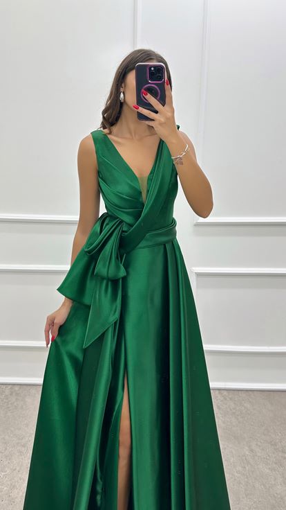 Emerald Green Asymmetrical Bust Waist Detail Satin Dress