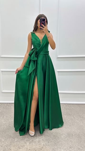 Emerald Green Chest Asymmetrical Cut Waist Detail Satin Dress