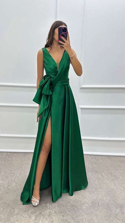 Emerald Green Asymmetrical Bust Waist Detail Satin Dress