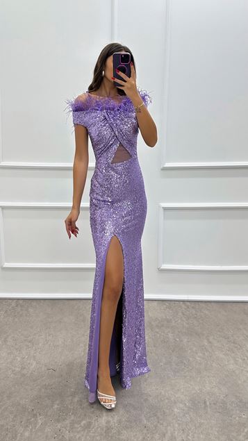 Vestido de lentejuelas transparentes de tul en el pecho lila