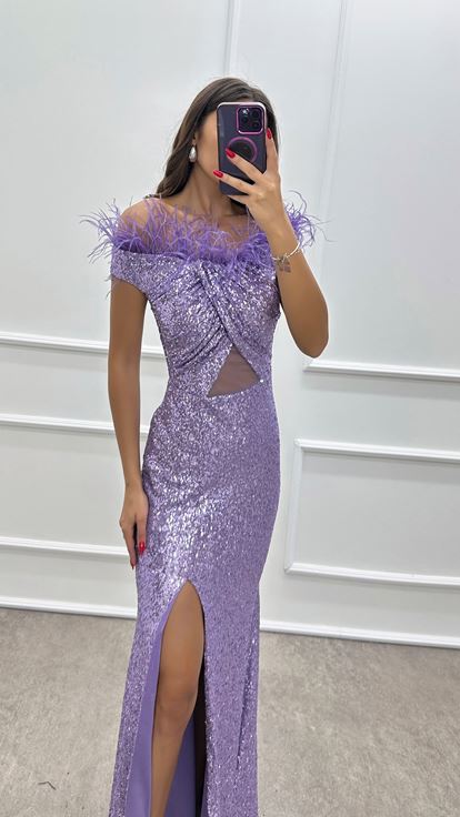 Lila Göğsü Tül Transparan Payet Elbise