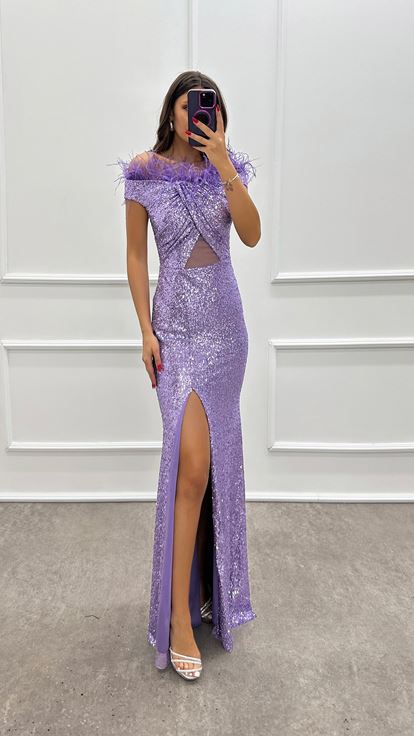 Lila Göğsü Tül Transparan Payet Elbise