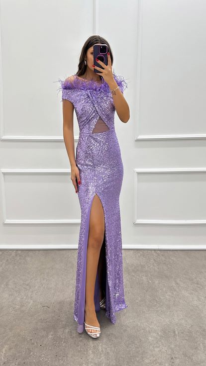 Lila Göğsü Tül Transparan Payet Elbise