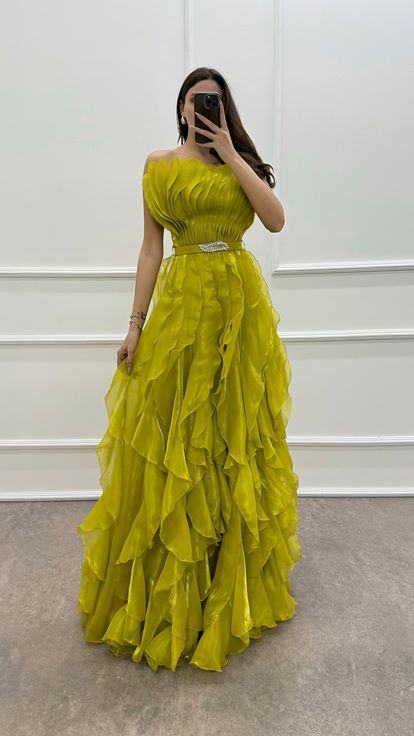 Yellow Strapless Ruffle Detail Belted Evening Dress