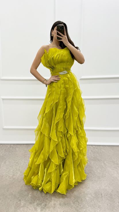 Yellow Strapless Ruffle Detail Belted Evening Dress