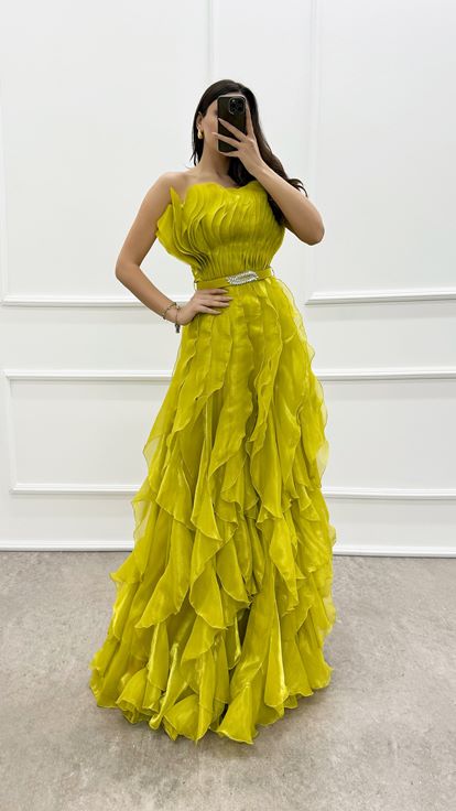 Yellow Strapless Ruffle Detail Belted Evening Dress