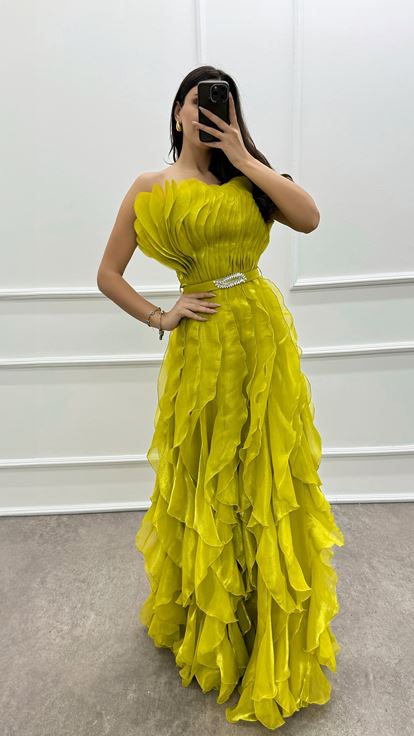 Yellow Strapless Ruffle Detail Belted Evening Dress